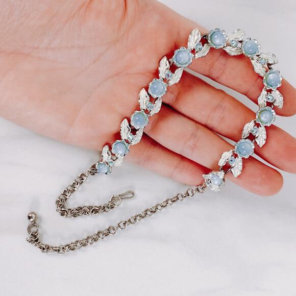 VTG Signed Judy Lee Mid Century Moonglow Lucite AB Rhinestone Silver Tone Choker - Picture 4 of 16